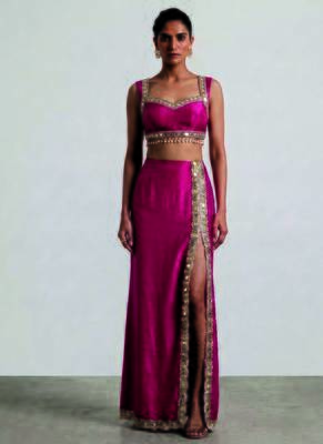 Hot pink embroidered dupion silk co ord set 1