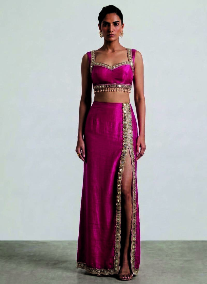 Hot pink embroidered dupion silk co ord set