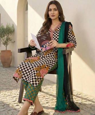 Women Printed Thread Work Cotton Kurta with Trousers & With Dupatta 1