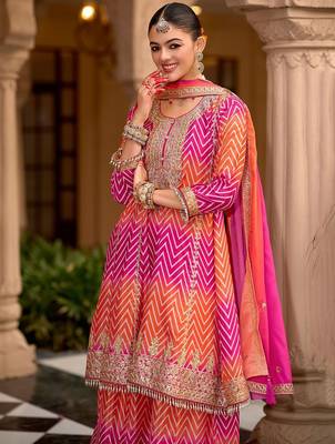 Chevron Printed Sequinned Round Neck A-Line Kurta With Palazzos & Dupatta 1