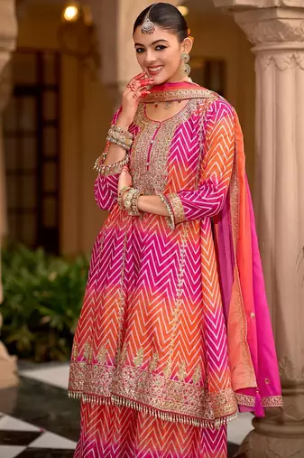 Chevron Printed Sequinned Round Neck A-Line Kurta With Palazzos & Dupatta