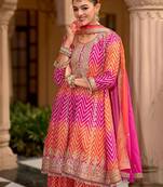 Chevron Printed Sequinned Round Neck A-Line Kurta With Palazzos & Dupatta