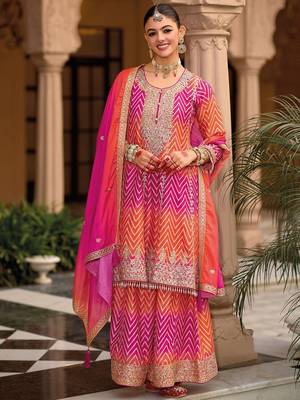 Chevron Printed Sequinned Round Neck A-Line Kurta With Palazzos & Dupatta 2