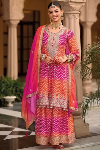 Chevron Printed Sequinned Round Neck A-Line Kurta With Palazzos & Dupatta