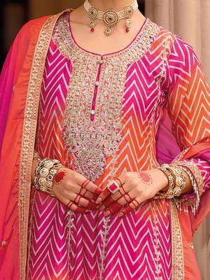 Chevron Printed Sequinned Round Neck A-Line Kurta With Palazzos & Dupatta 3