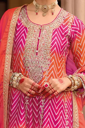Chevron Printed Sequinned Round Neck A-Line Kurta With Palazzos & Dupatta