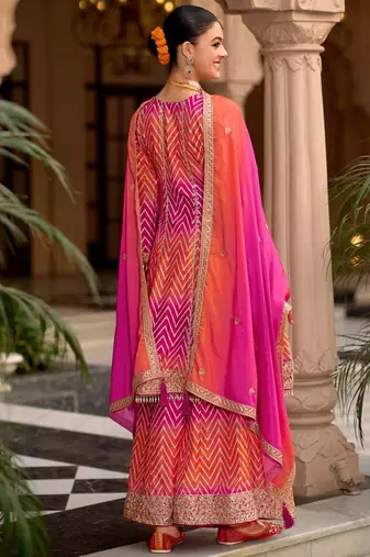 Chevron Printed Sequinned Round Neck A-Line Kurta With Palazzos & Dupatta