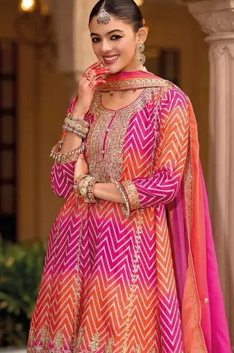 Chevron Printed Sequinned Round Neck A-Line Kurta With Palazzos & Dupatta