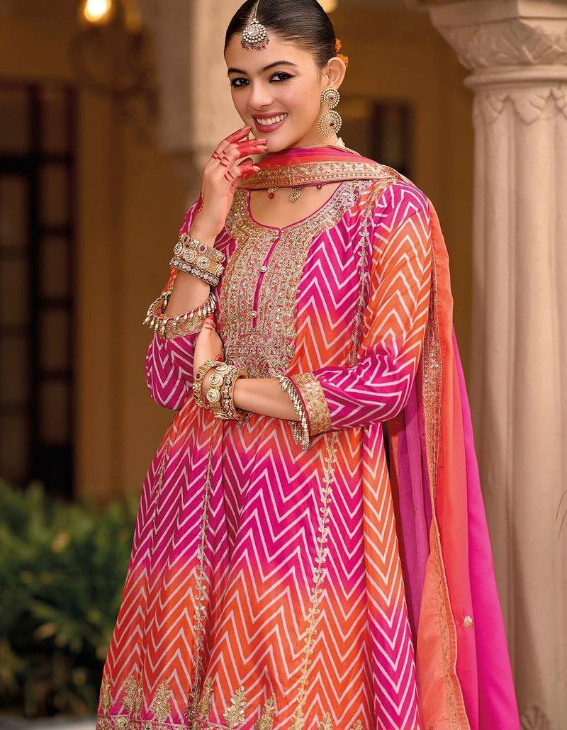 Chevron Printed Sequinned Round Neck A-Line Kurta With Palazzos & Dupatta