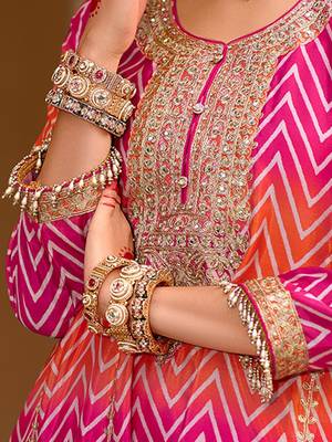 Chevron Printed Sequinned Round Neck A-Line Kurta With Palazzos & Dupatta 6