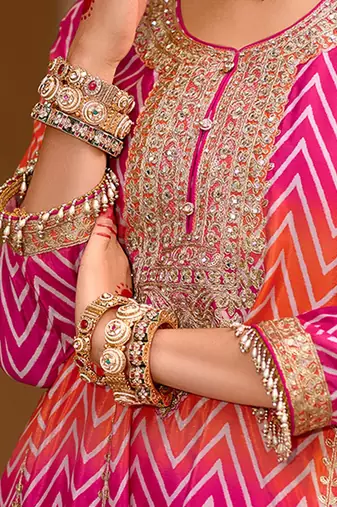 Chevron Printed Sequinned Round Neck A-Line Kurta With Palazzos & Dupatta