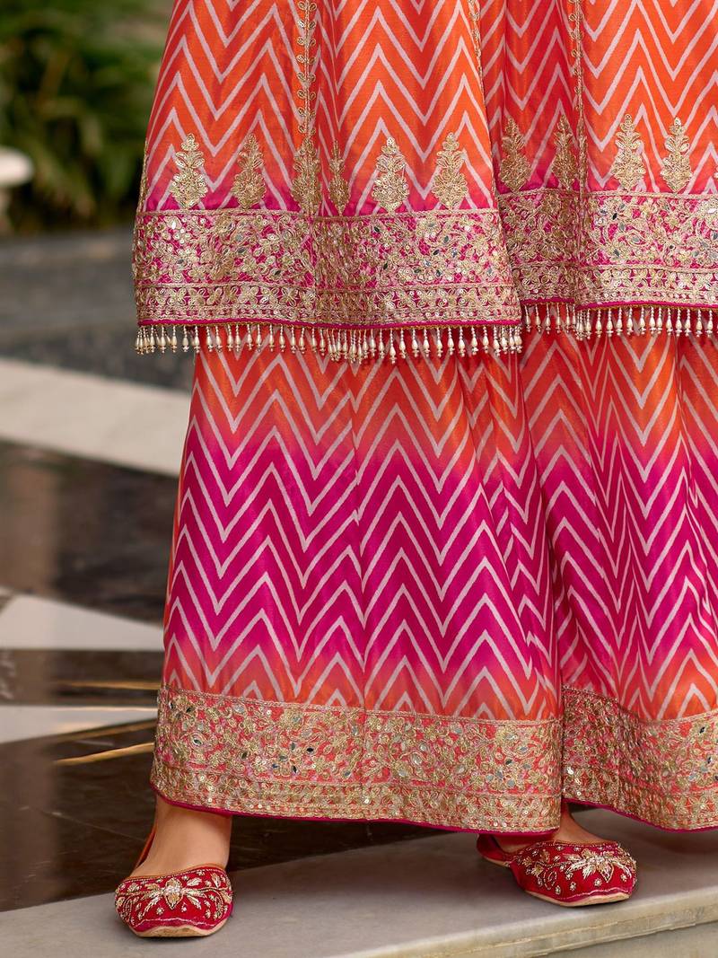 Chevron Printed Sequinned Round Neck A-Line Kurta With Palazzos & Dupatta