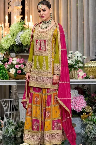 Women Ethnic Motifs Embroidered Kurta with Sharara & With Dupatta