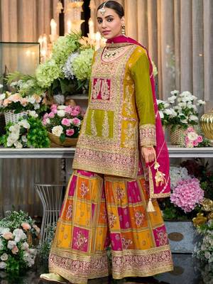 Women Ethnic Motifs Embroidered Kurta with Sharara & With Dupatta 4