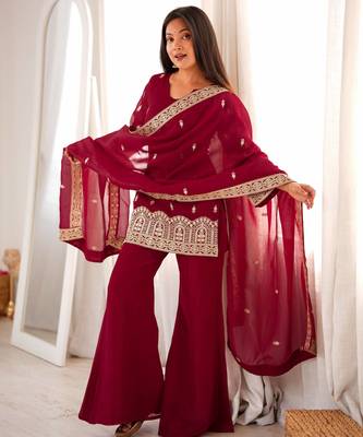 Elegant maroon embroidered ethnic kurta pant set with dupatta for women 1