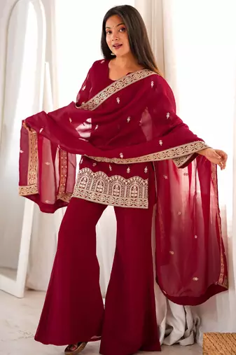 Elegant maroon embroidered ethnic kurta pant set with dupatta for women