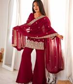 Elegant maroon embroidered ethnic kurta pant set with dupatta for women