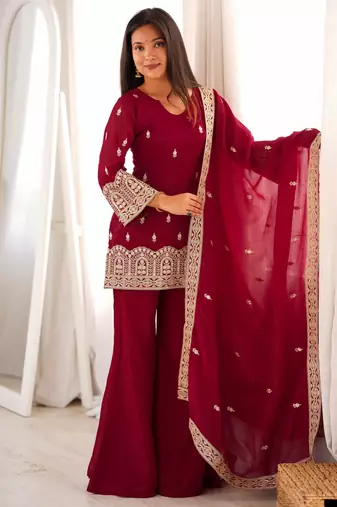 Elegant maroon embroidered ethnic kurta pant set with dupatta for women