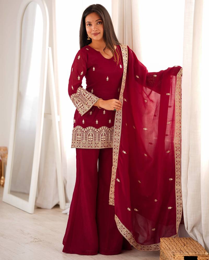 Elegant maroon embroidered ethnic kurta pant set with dupatta for women