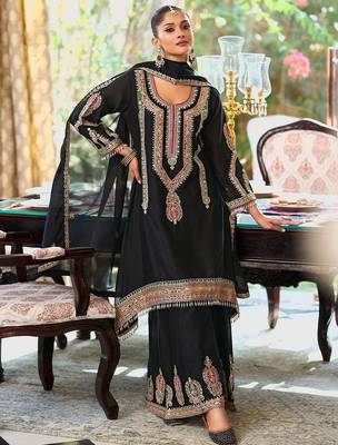 Embroidered Mirror Work Straight Kurta With Palazzos & Dupatta 1