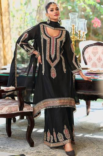Embroidered Mirror Work Straight Kurta With Palazzos & Dupatta