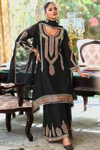 Embroidered Mirror Work Straight Kurta With Palazzos & Dupatta