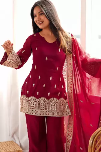 Elegant maroon embroidered ethnic kurta pant set with dupatta for women