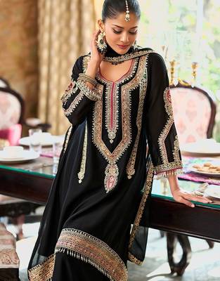 Embroidered Mirror Work Straight Kurta With Palazzos & Dupatta 4