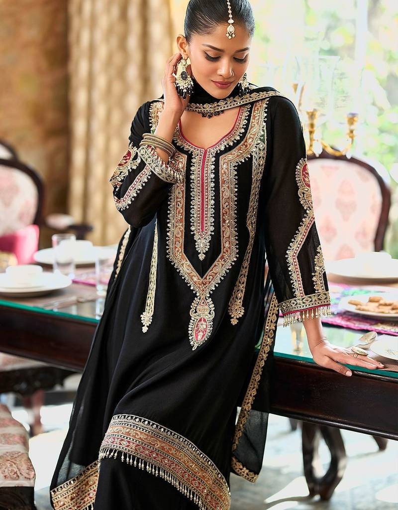 Embroidered Mirror Work Straight Kurta With Palazzos & Dupatta