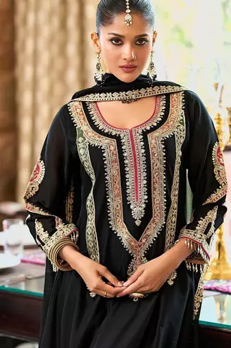 Embroidered Mirror Work Straight Kurta With Palazzos & Dupatta