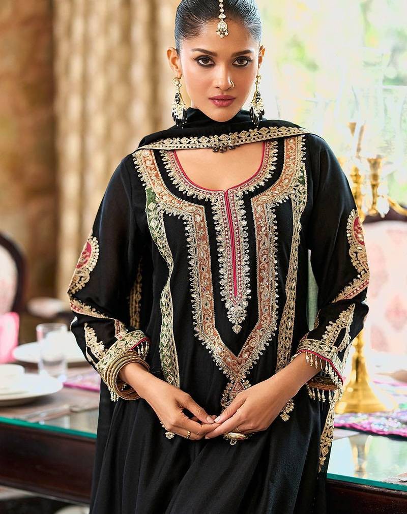 Embroidered Mirror Work Straight Kurta With Palazzos & Dupatta