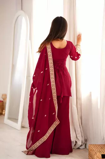 Elegant maroon embroidered ethnic kurta pant set with dupatta for women