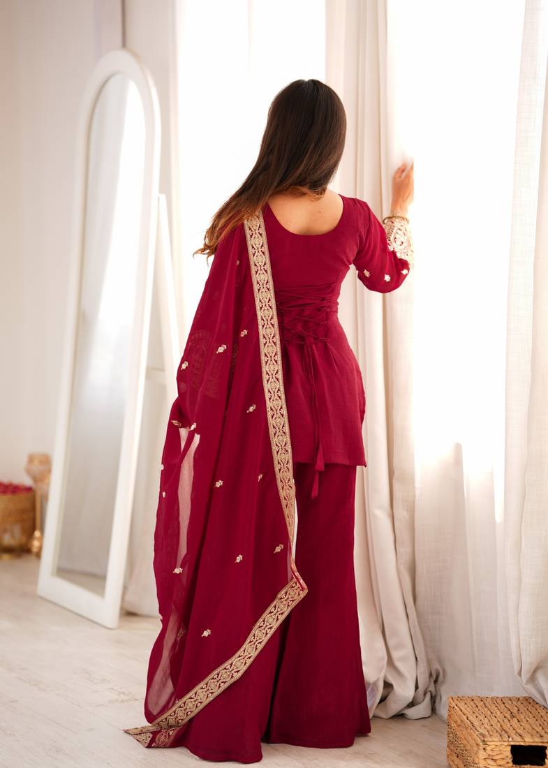Elegant maroon embroidered ethnic kurta pant set with dupatta for women