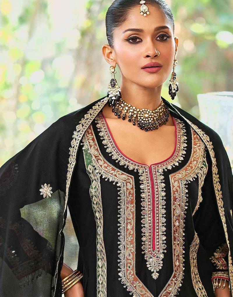Embroidered Mirror Work Straight Kurta With Palazzos & Dupatta