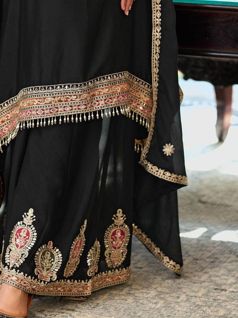 Embroidered Mirror Work Straight Kurta With Palazzos & Dupatta
