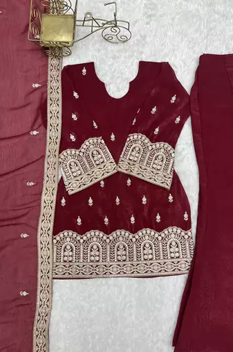 Elegant maroon embroidered ethnic kurta pant set with dupatta for women