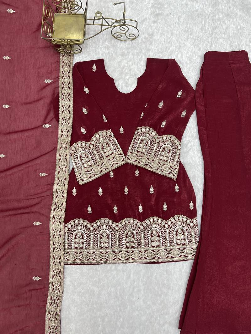 Elegant maroon embroidered ethnic kurta pant set with dupatta for women