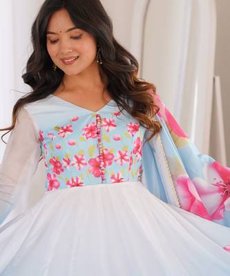 Women's sky blue floral print anarkali gown set with matching dupatta 3
