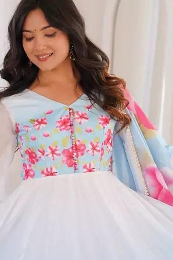 Women's sky blue floral print anarkali gown set with matching dupatta