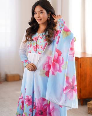Women's sky blue floral print anarkali gown set with matching dupatta 1