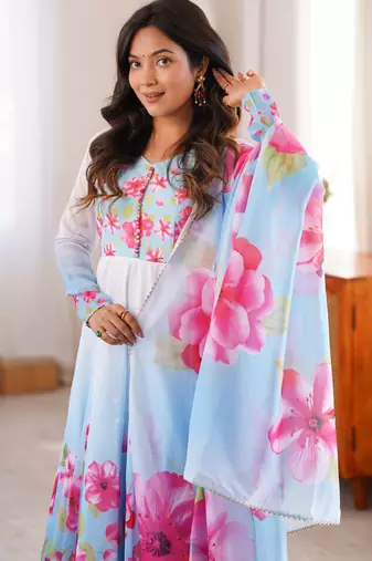 Women's sky blue floral print anarkali gown set with matching dupatta