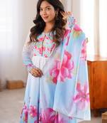 Women's sky blue floral print anarkali gown set with matching dupatta