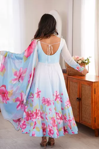 Women's sky blue floral print anarkali gown set with matching dupatta