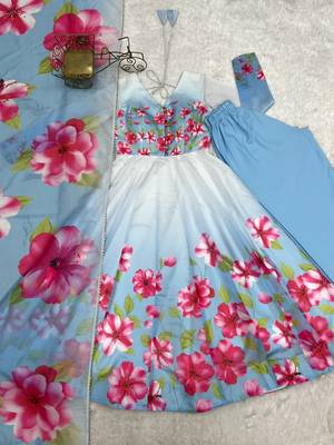 Women's sky blue floral print anarkali gown set with matching dupatta 5