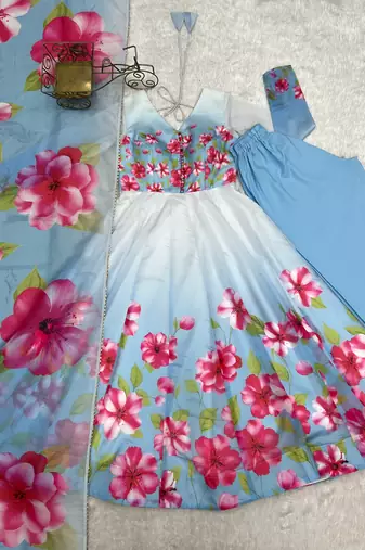 Women's sky blue floral print anarkali gown set with matching dupatta