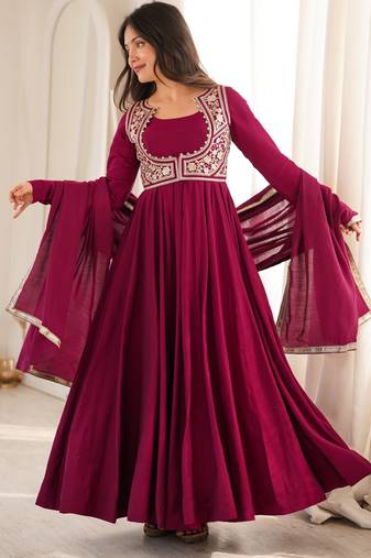 Women's elegant dark ranipink embroidered floor length anarkali gown with embroidery jacket