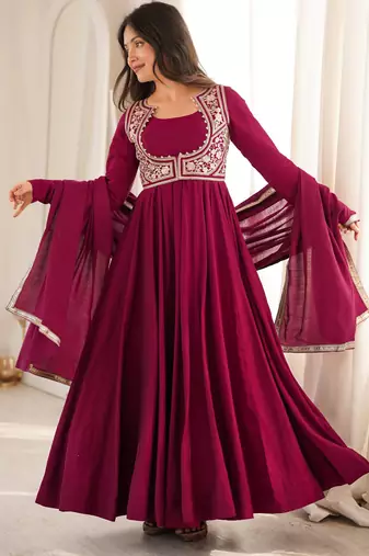 Women's elegant dark ranipink embroidered floor length anarkali gown with embroidery jacket