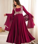 Women's elegant dark ranipink embroidered floor length anarkali gown with embroidery jacket