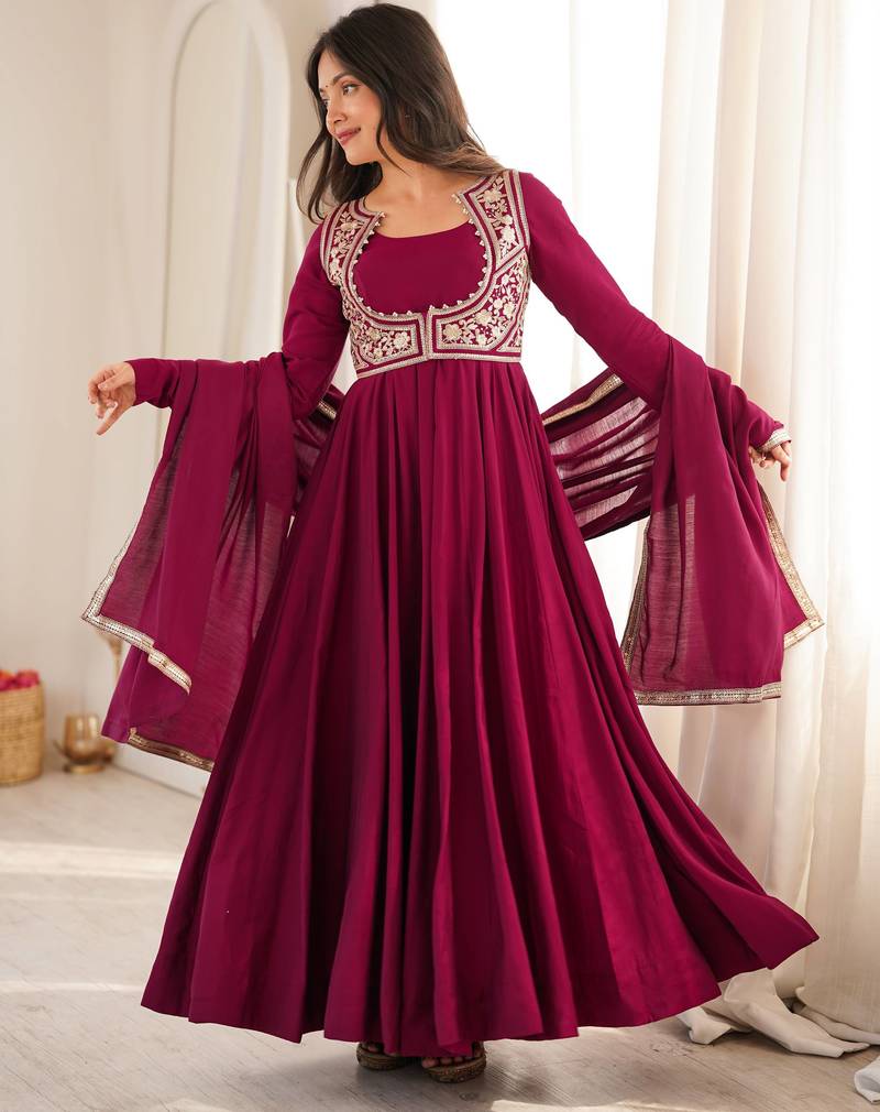Women's elegant dark ranipink embroidered floor length anarkali gown with embroidery jacket