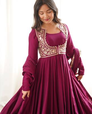 Women's elegant dark ranipink embroidered floor length anarkali gown with embroidery jacket 2